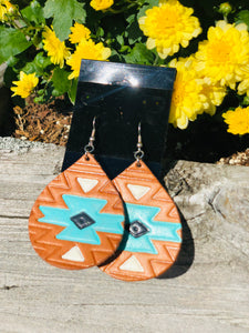 Turquoise Aztec leather earrings
