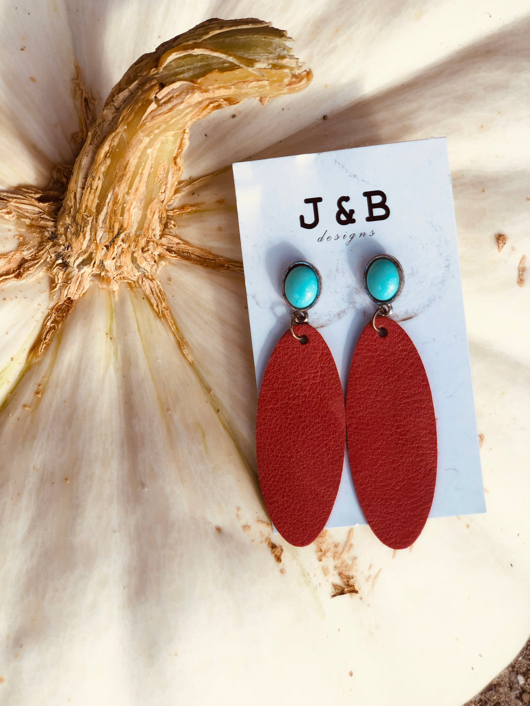 Turquoise and red leather earrings